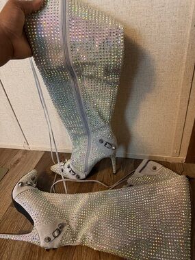 Embellished Light Pink Crystal Over-the-Knee Stiletto Boot